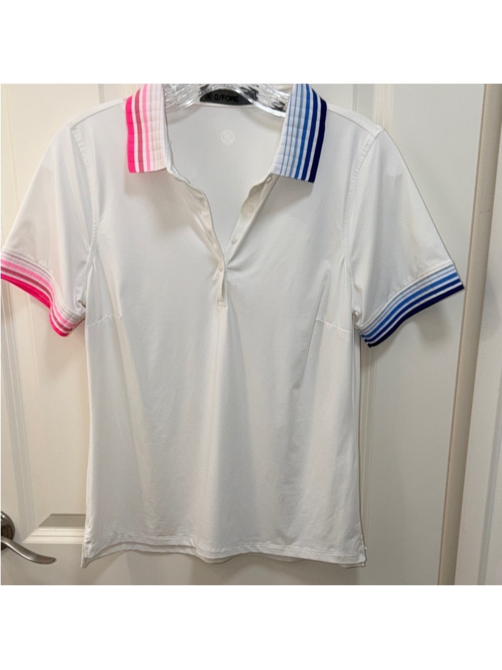 White Polo Top with Pink and Blue Stripe Trim G/FORE